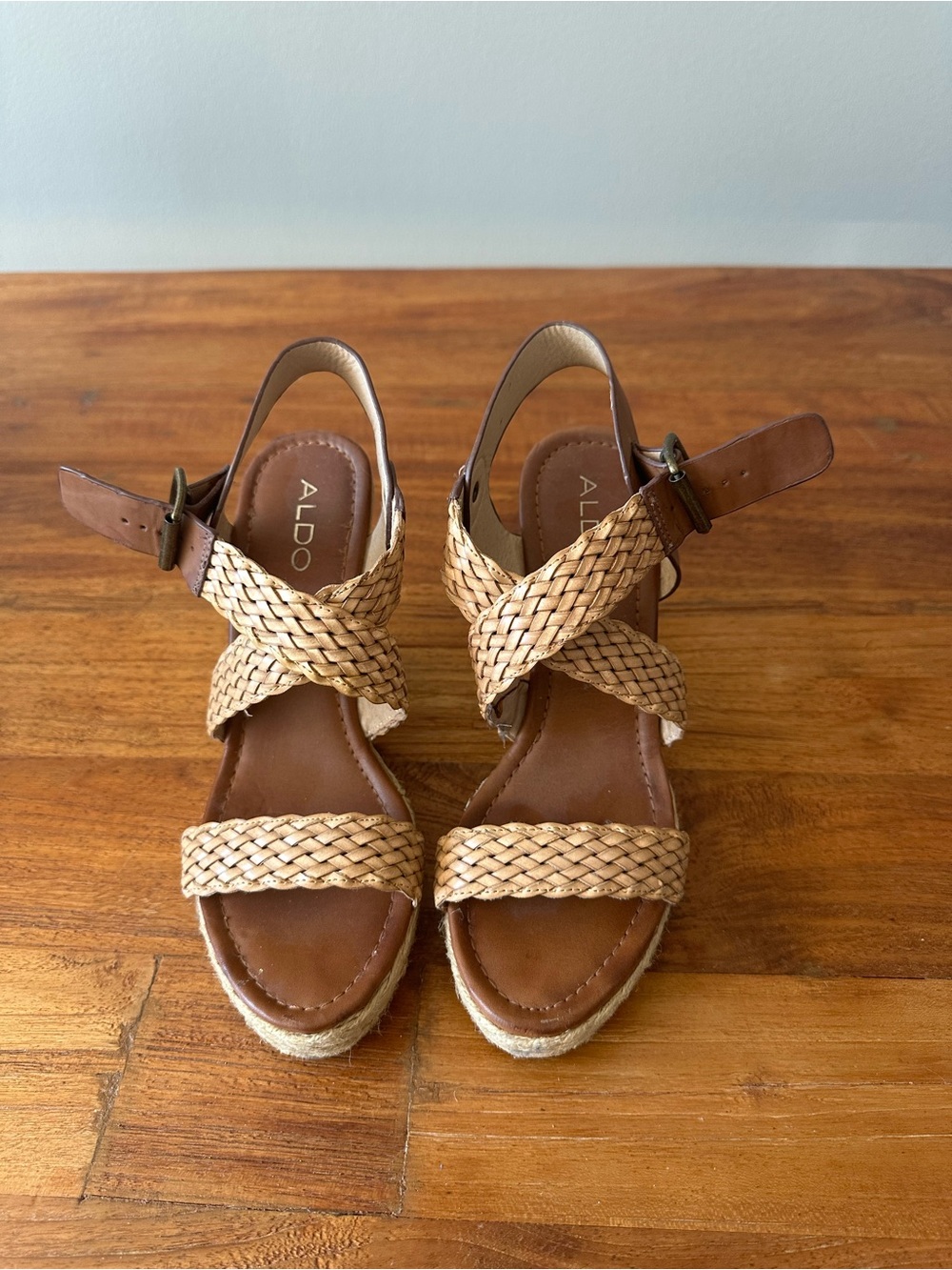 Aldo Tan and Brown Woven Espadrille Wedges